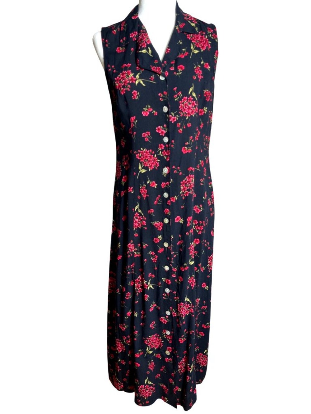 Vtg 90s Floral Midi Dress Black Red A-line Button Grunge Whimsigoth Jumper Wom M